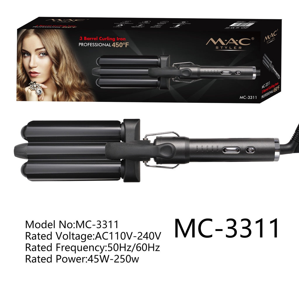 MAC Three Barrel Ceramic Coating Big Wave Curler Styler Professional Hair iron MC3311